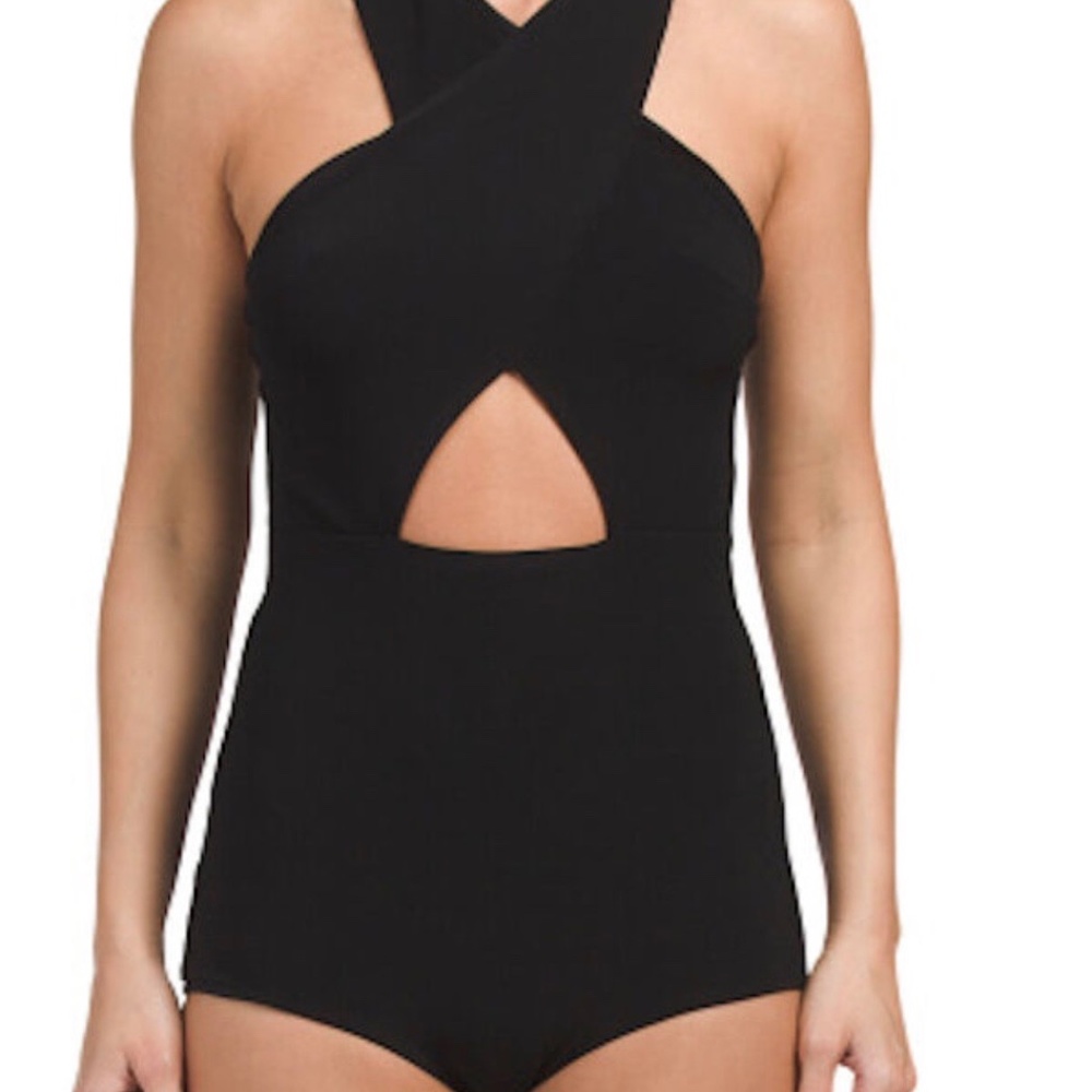 ALICE + OLIVIA Alyssia Black Cross Front Bodysuit